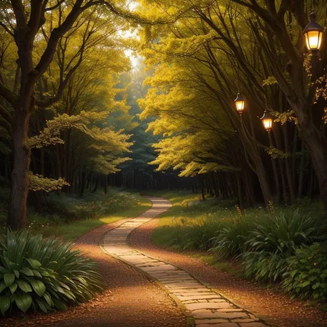 a close up of a pathway with a light on it surrounded by trees