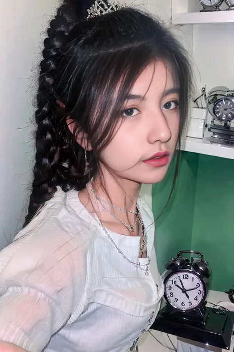 1girl, black eyes, black hair, clock, closed mouth, jewelry, lips, long hair, looking at viewer, necklace, nose, solo,