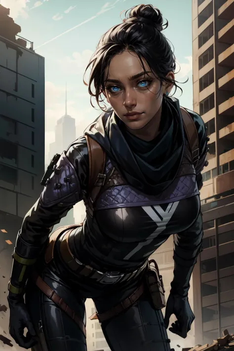 (masterpiece, best quality),  intricate details,
1girl,   <lora:wraith_(apex_legends):0.8> wraith (apex legends), single hair bun, hair bun, bodysuit, scarf, black bodysuit, holding, breasts, black hair, black scarf, large breasts, blue eyes, belt, brown b...