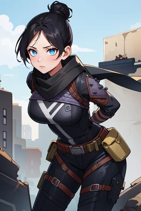 (masterpiece, best quality),  intricate details,
1girl,   <lora:wraith_(apex_legends):0.8> wraith (apex legends), single hair bun, hair bun, bodysuit, scarf, black bodysuit, holding, breasts, black hair, black scarf, large breasts, blue eyes, belt, brown b...