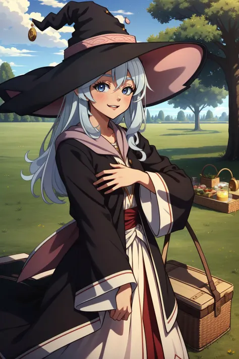 a woman in a witch costume standing in a field