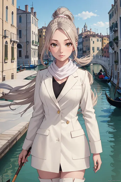 anime girl in white suit and white scarf walking down a canal