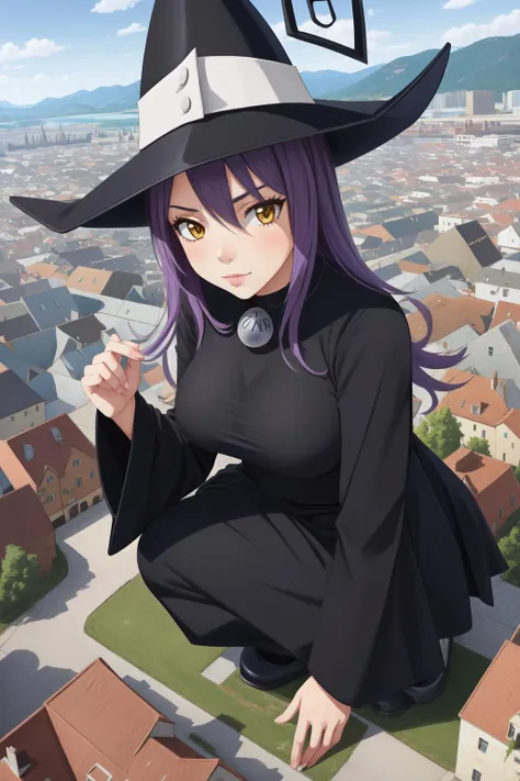 a woman in a witch hat sitting on top of a roof