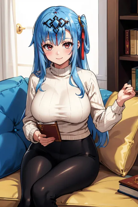 masterpiece, best quality, <lora:e7lua-nvwls-v1-000009:0.8> e7lua, hair ornament, white sweater, black pants, sitting, large breasts, couch, bookcase, smile