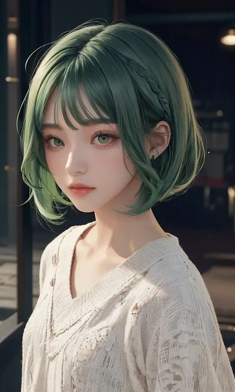 a woman with green hair and a white shirt