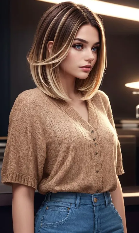 lbobh2024, 1 girl, best quality, masterpiece, photorealistic, raw image. cinematic lighting, long bob hairstyle, brown hair, blonde streaked hair, brazilian girl,