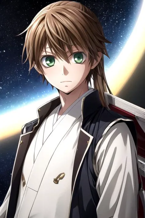 masterpiece, best quality, game cg, 1boy, solo, male focus, looking at viewer, upper body, , , realistic, <lora:tsukishima_hybrid_child:0.74>, tsukishima_hybrid_child, brown hair, green eyes, , , space opera,