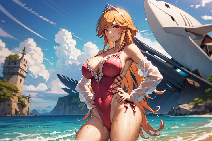 RichelieuSwimsuit, casual_one-piece_swimsuit,  cross-laced_swimsuit, frilled_one-piece_swimsuit, highleg_swimsuit, long_sleeves,pink_one-piece_swimsuit,  very_long_hair,  side-tie_swimsuit, huge_breasts, groin:1.4), light_smile, hands on own hips ,half bod...