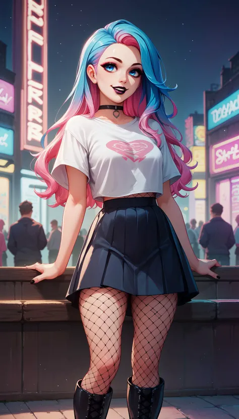 score_9, score_8_up, score_7_up, score_6_up, score_5_up, score_4_up, 1girl, Sofiaa ,blue eyes, multicolored hair, gothic pastle, skirt, t-shirt, pink and black, bright neon lights, backlight, indoor, nightclub, boots, fishnet pantyhose, makeup, black lips,...