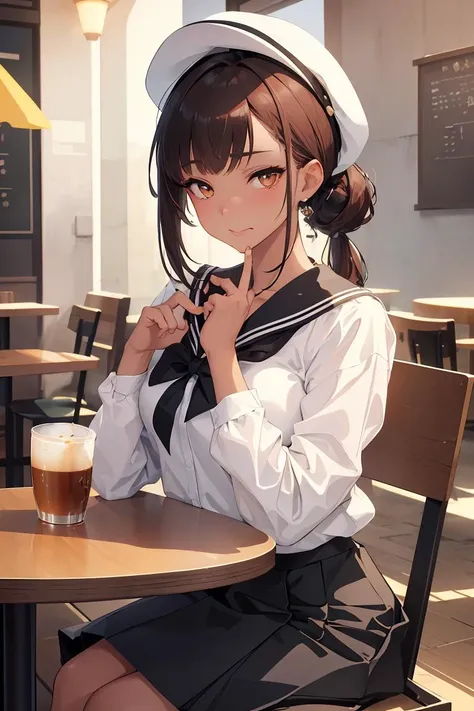 anime girl in sailor outfit sitting at a table with a beer