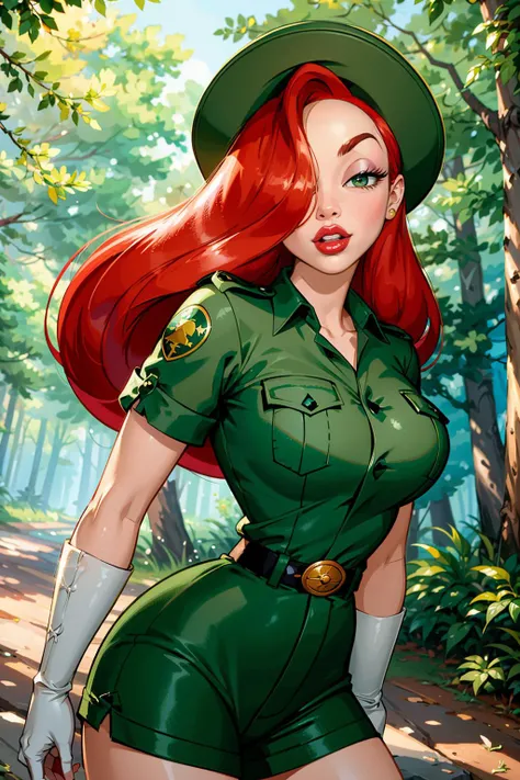 a woman in a green uniform is posing in the woods