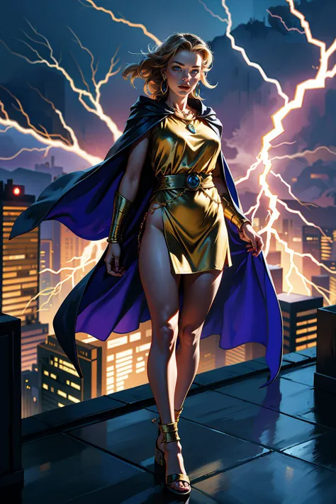 a woman in a gold dress and cape standing on a rooftop