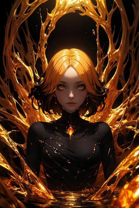 a woman with a golden hair and a black top is surrounded by flames