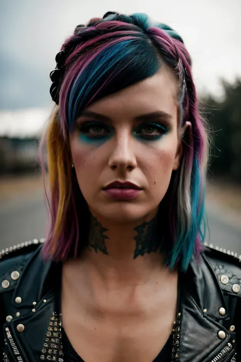 a close up of a woman with colorful hair and piercings