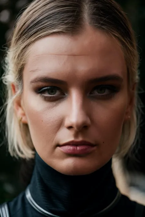 a close up of a woman with a black turtle neck top