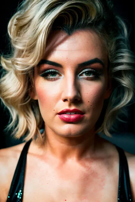 a close up of a woman with a black top and a black dress