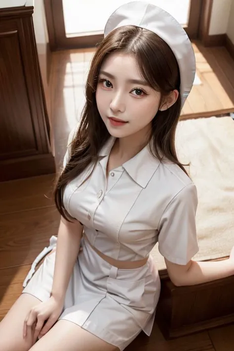 a close up of a woman in a white uniform sitting on a wooden floor