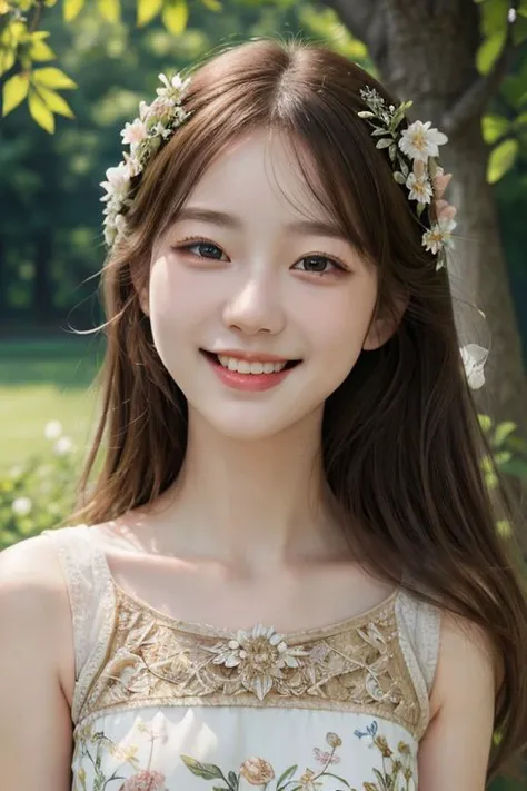 a woman with long hair wearing a flower crown smiles at the camera