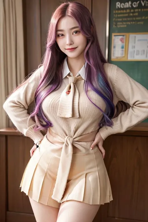 a woman with long purple hair wearing a tan jacket and shorts