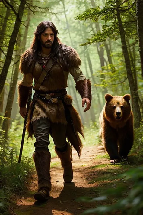 arafed man walking in the woods with a bear and a staff