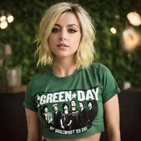 cinematic film still  <lora:Band_Shirt_Crop_Top_SDXL:1>blond woman, band shirt, GREEN DAY, crop top, shallow depth of field, vignette, highly detailed, high budget Hollywood film, bokeh, cinemascope, moody, epic, gorgeous, film grain