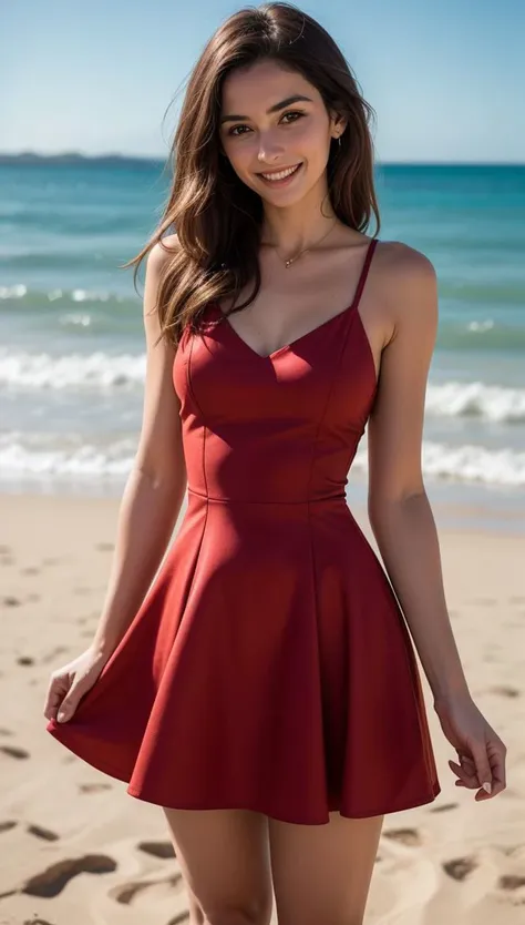 a woman in a red dress standing on a beach