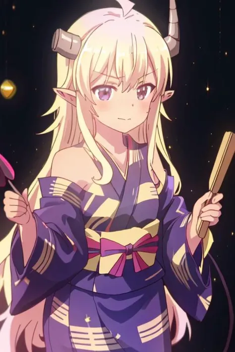 best quality, masterpiece, highres, solo, {yukata:1.40}, {kimono:1.20}, {lilith_thedemongirlnextdoor:1.15}, horns, long_hair, demon_girl, demon_horns, blonde_hair, ahoge, blush, pointy_ears, purple_eyes, broken_horn, tail, demon_tail, crisis_management_for...