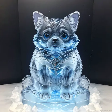 a close up of a frosted dog sitting on a block of ice