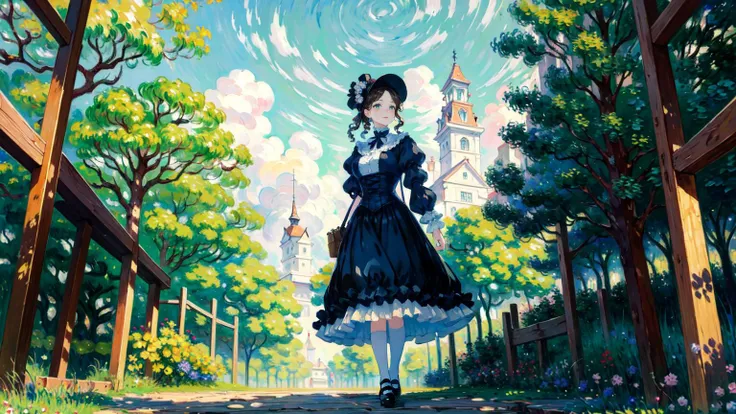 anime girl in a black dress walking through a park