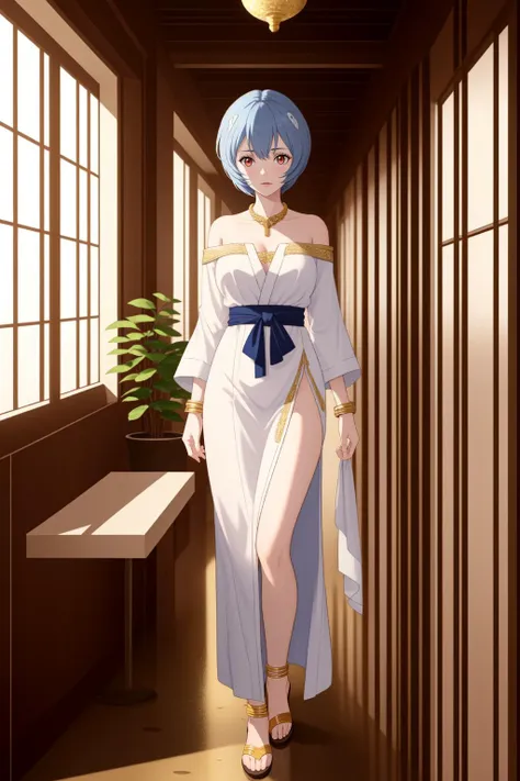 a woman in a white dress and blue hair standing in a hallway