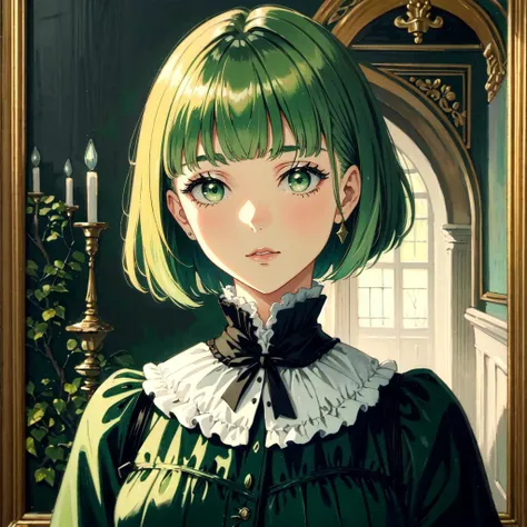 Victorian oil painting
BREAK portrait painting of a woman with medium breasts, (light green hair, bobcut with blunt bangs, green eyes:1.3)