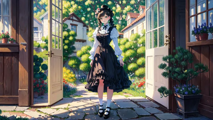 anime girl in a dress standing in front of a door