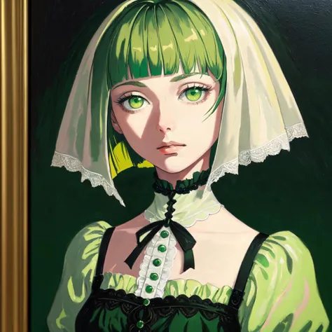 Victorian oil painting
BREAK portrait painting of a woman with medium breasts, (light green hair, bobcut with blunt bangs, green eyes:1.3)