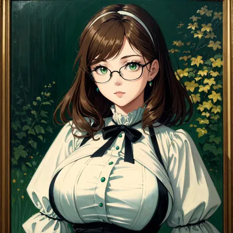 Victorian oil painting
BREAK portrait painting of a woman with massive breasts, (light brown hair with split bangs, green eyes:1.3), glasses