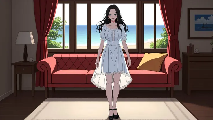 anime girl in a white dress standing in a living room