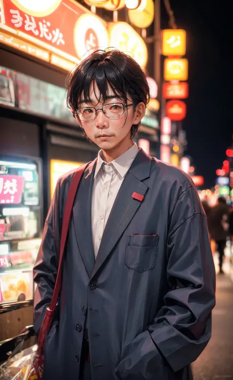 RAW photo, a portrait photo of 50 y.o japanese man in clothes, night tokyo, (high detailed skin:1.2), 8k uhd, dslr, soft lighting, high quality, film grain, Fujifilm XT3