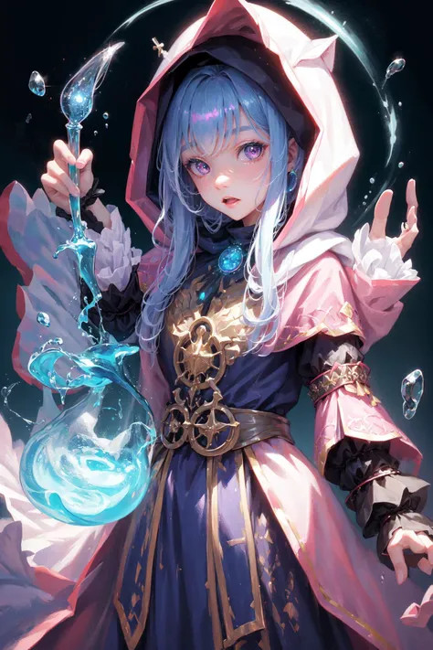 masterpiece, best quality, young sorceress mixing potions, cute, chibi, hood up, moody lighting, fun, happy, silly, glow, glowing, mystical, magical, rim lighting