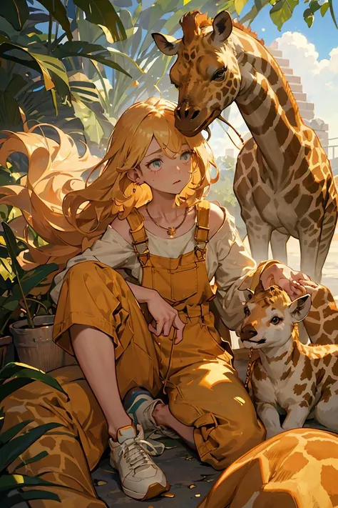 (masterpiece, best quality), female elderly, lanky, south asian, turquoise eyes, cupped ears, nostril flared nose, double chin,  asymmetrical cheeks,     , golden blonde
 voluminous curls hair, affection
 wearing giraffe print    __bo/properties/color__
 c...