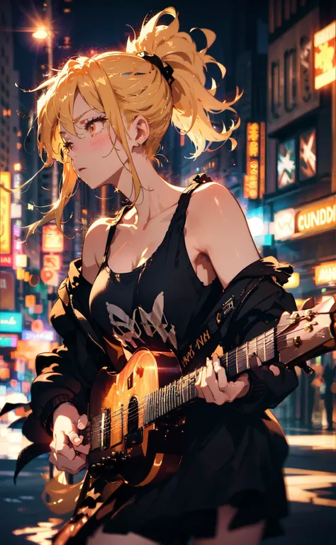 flash photography, (dynamic:1.1), close-up, blurry photo, motion blur, dark moody lighting, dim lighting, girl with blonde ponytail, busker, playing guitar, (punk style:1.1), tank top, cardigan, off shoulder, oversized clothes, (androgynous:1.1), lens flar...