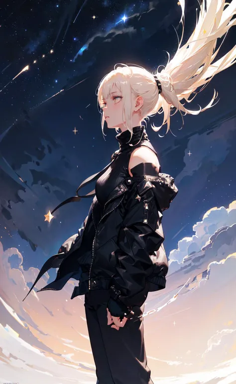 masterpiece, best quality, 1girl, short hair, ponytail, platinum blonde hair, turtleneck, open jacket, trousers, off shoulder, (dark moody lighting, night sky, night, starry sky, star (sky), sparkle:1.1), from side