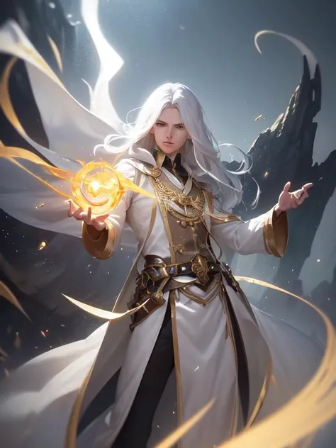 photorealistic photo of a handsome young male wizard, white wizard shirt with golden trim, white robe moving in the wind, long white hair, fully clothed, perfect face, handsome, (perfect composition:1.4), deviantart hd, artstation hd, concept art, detailed...
