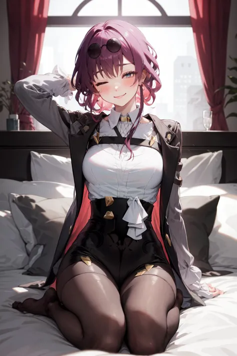best quality, masterpiece, <lora:kafka:1>, kafka, 1girl, solo, looking at viewer, blush, sitting, on bed, seductive smile, arms behind head, sunglasses, eyewear on head, collared shirt, seiza, one eye closed, bent over