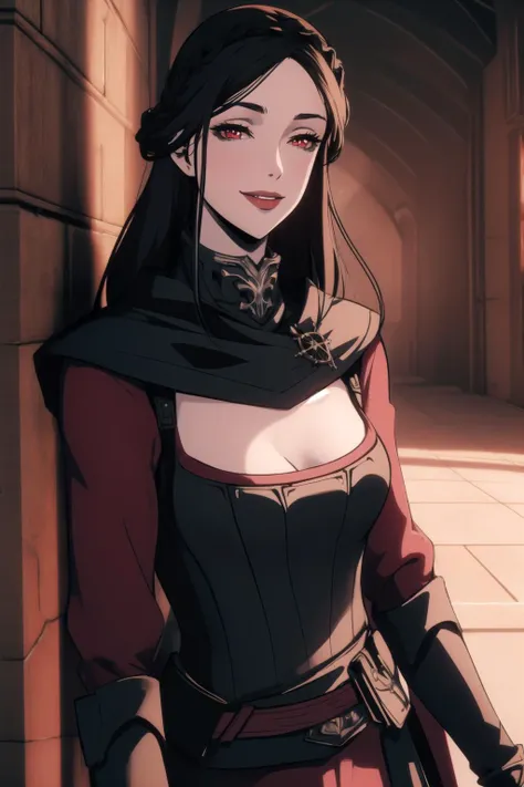 anime, hdr, soft light, ((best quality)), ((masterpiece)), (detailed), <lora:Serana_5_10:0.7> serana, 1girl, red eyes, looking at viewer, seductive smile, cowboy shot, castle,  <lora:castlevania_style_offset:1>