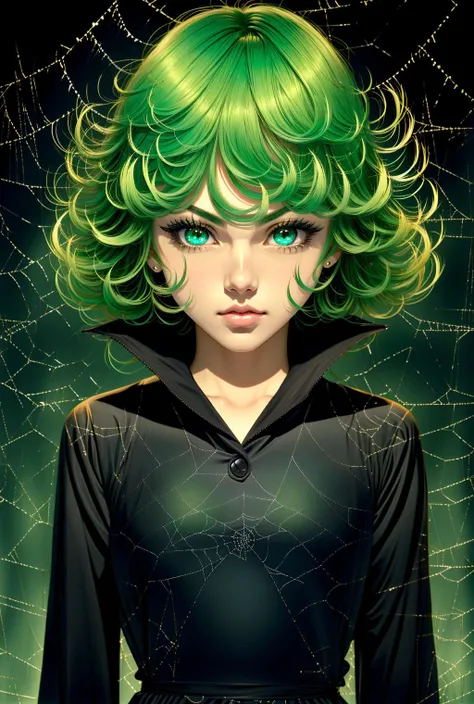 spider web,<lora:ÐÐ°ÑÑÐ¸Ð½Ð°(spider web):0.9>, <lora:ÑÐ°ÑÑÐ¼Ð°ÐºÐ¸ Ð²Ð°Ð½Ð¿Ð°ÑÐ¼ÐµÐ½(tatsumaki):0.9>,tatsumakitatsumaki,green hair, black dress, flat chest,green eyes, anime style, anime colors,detailed anime,animeHD, anime eyes, bigger eyes, high q...