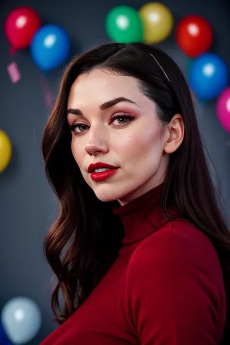 a woman with long hair and red lipstick posing for a picture