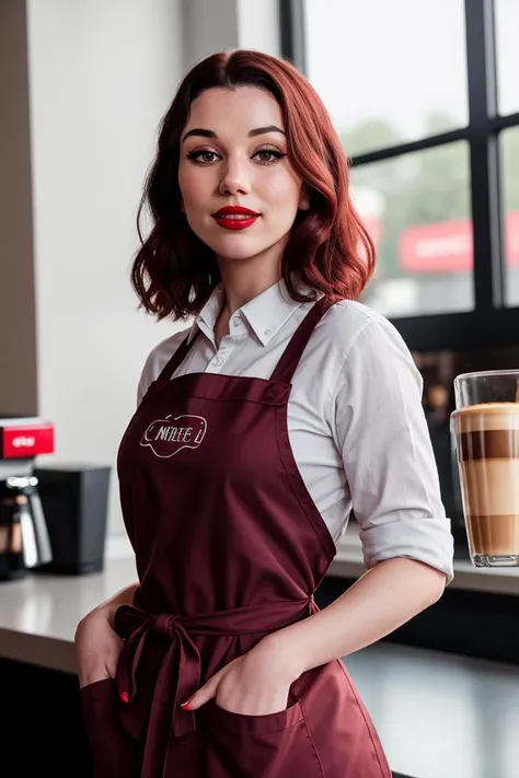 a woman in a red apron standing in front of a counter