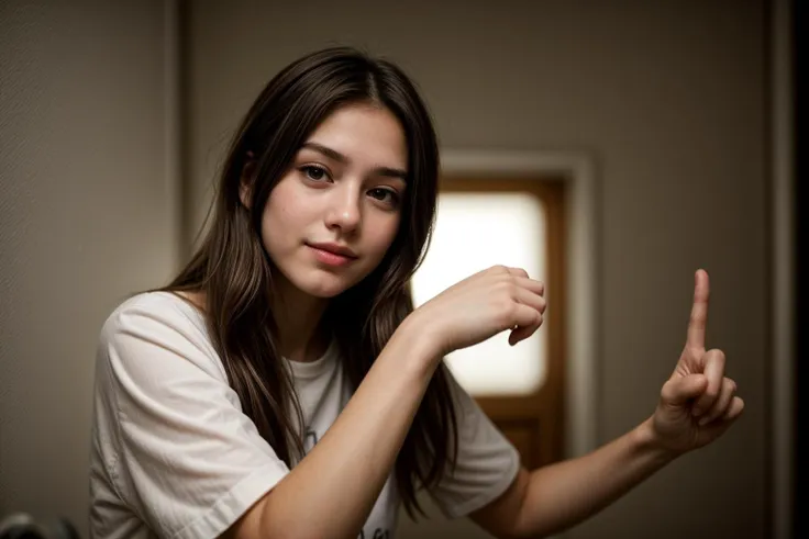 from below,photo of a 18 year old girl,pointing at viewer,happy,shirt,ray tracing,detail shadow,shot on fujifilm x-t4,85mm f1.2,...