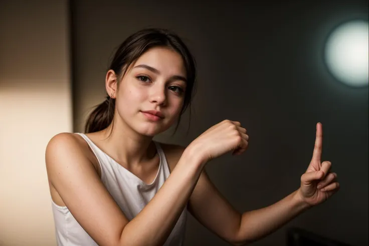 from below,photo of a 18 year old girl,pointing at viewer,happy,shirt,ray tracing,detail shadow,shot on fujifilm x-t4,85mm f1.2,...