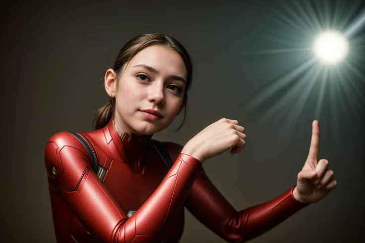 marvel movies,from below,photo of a 18 year old girl,ironman,pointing at viewer,happy,ray tracing,detail shadow,shot on fujifilm...