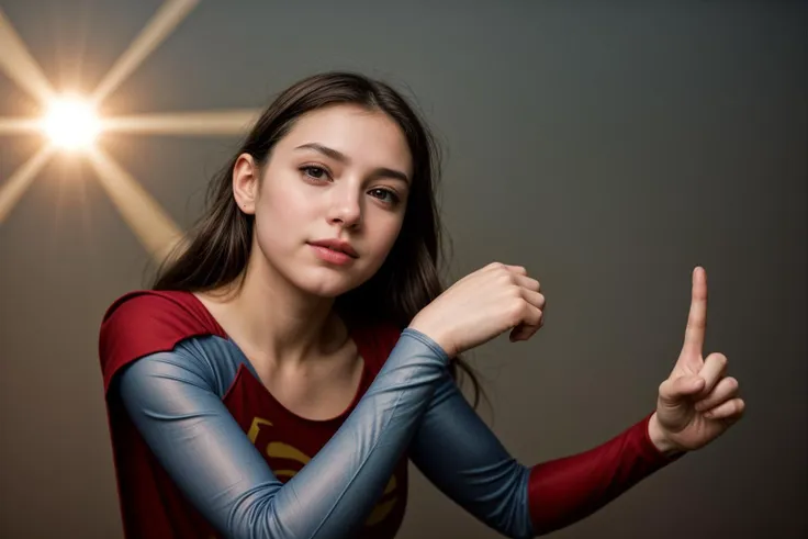 dc movies,from below,photo of a 18 year old girl,supergirl,pointing at viewer,happy,ray tracing,detail shadow,shot on fujifilm x...